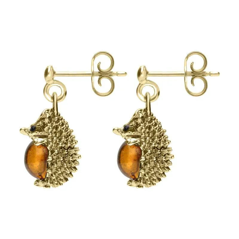 9ct Yellow Gold Amber Tiny Hedgehog Drop Earrings