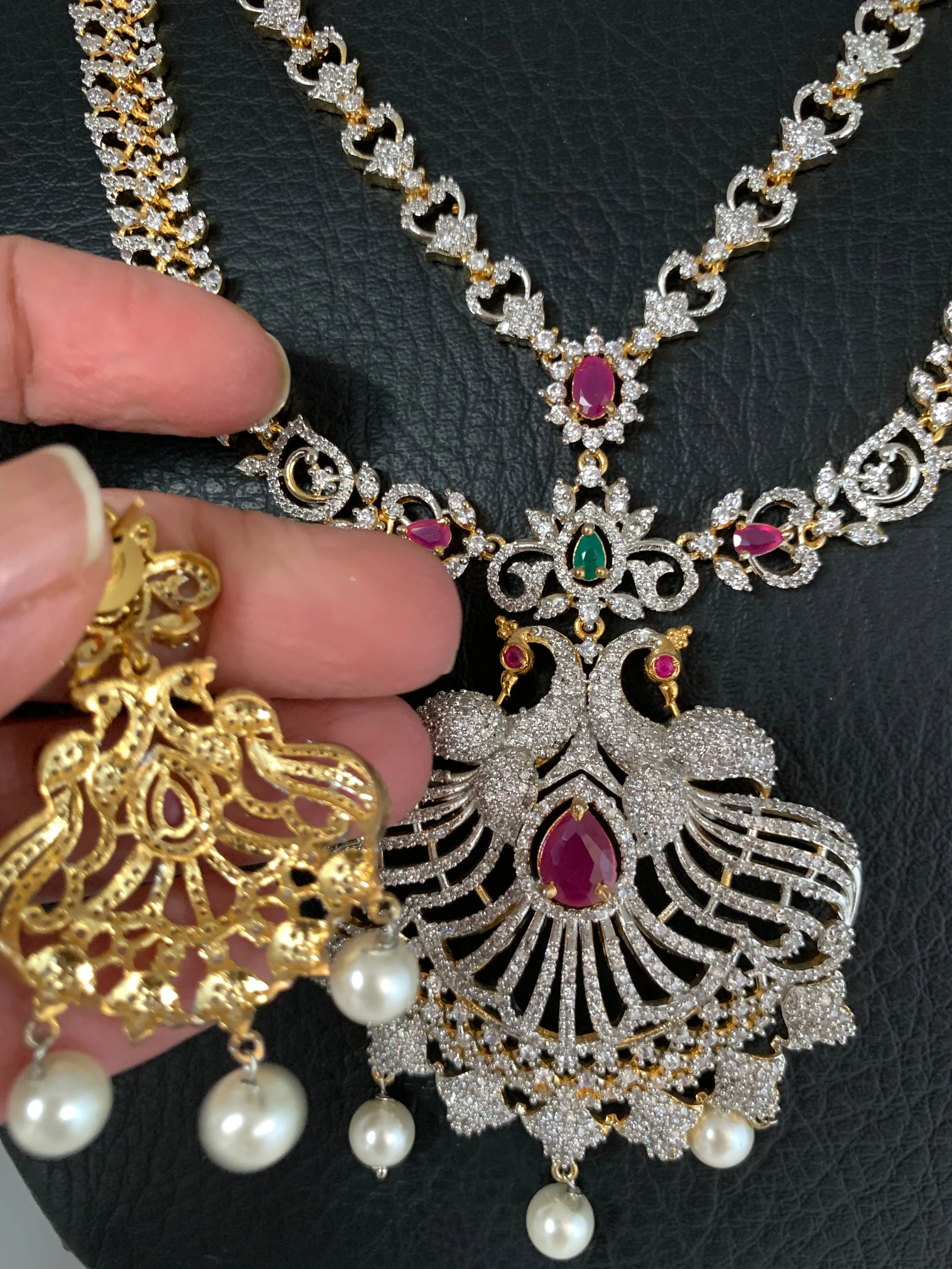 AD Multi Stone Peacock Ganga Jamuna Finish Long Necklace