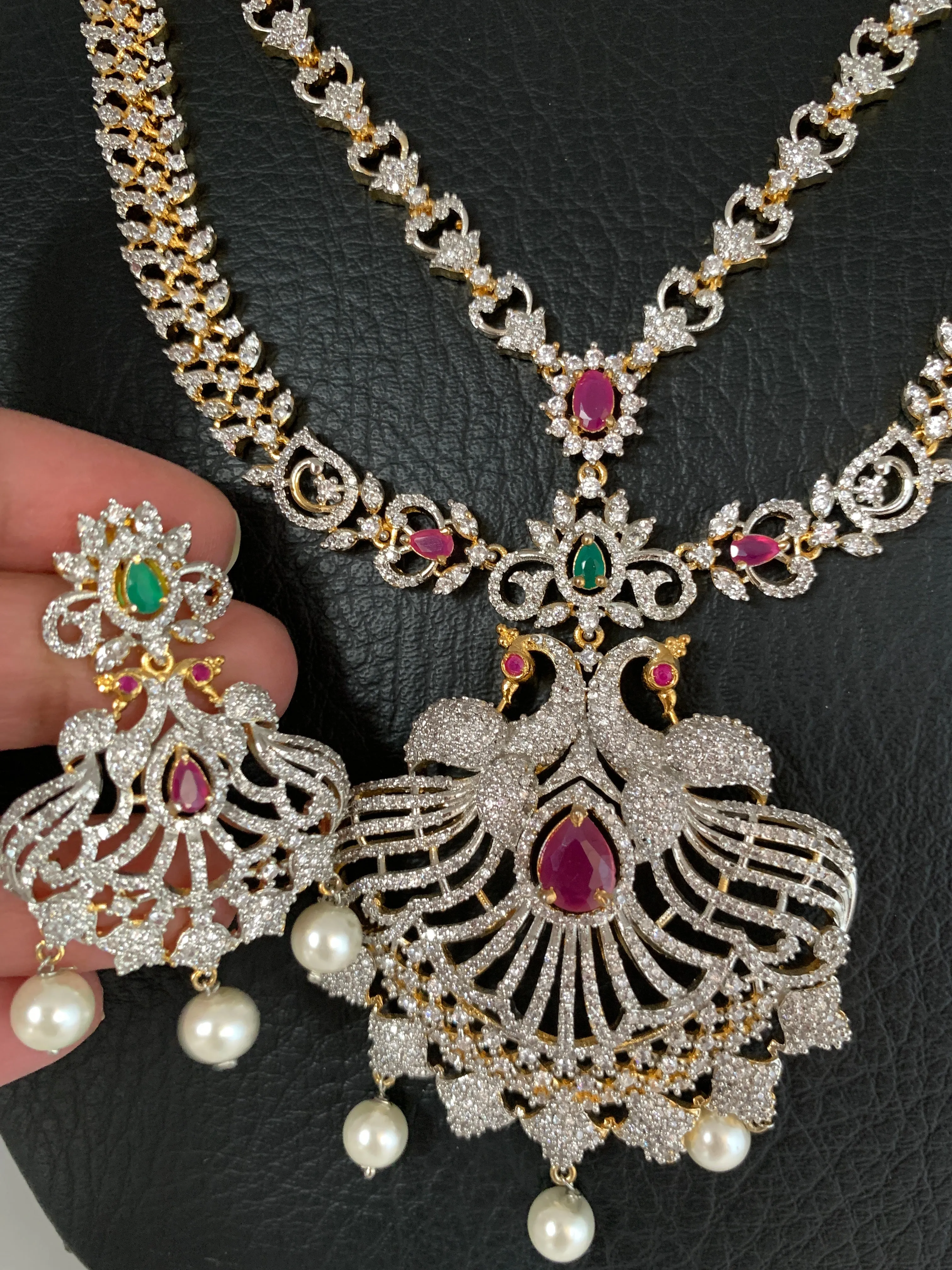 AD Multi Stone Peacock Ganga Jamuna Finish Long Necklace
