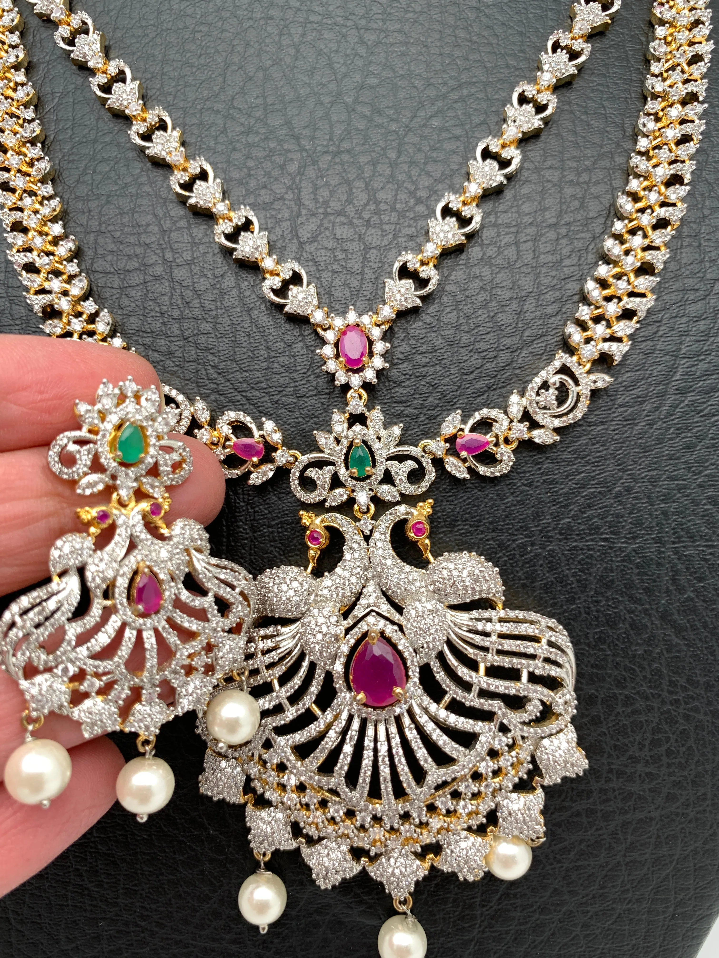 AD Multi Stone Peacock Ganga Jamuna Finish Long Necklace