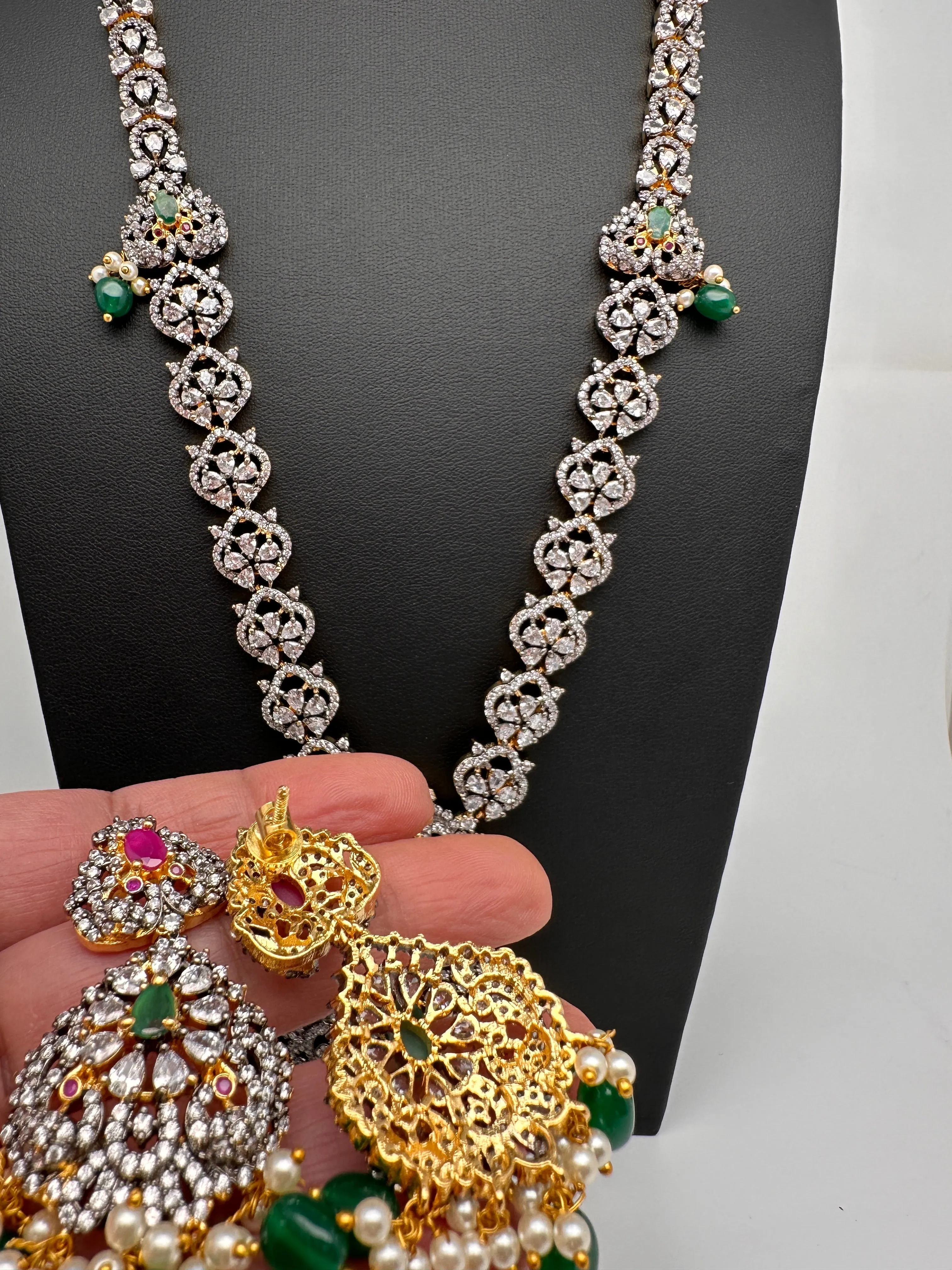 AD Multi Stone Peacock Pattern Victorian Dual Tone Polish Long Necklace