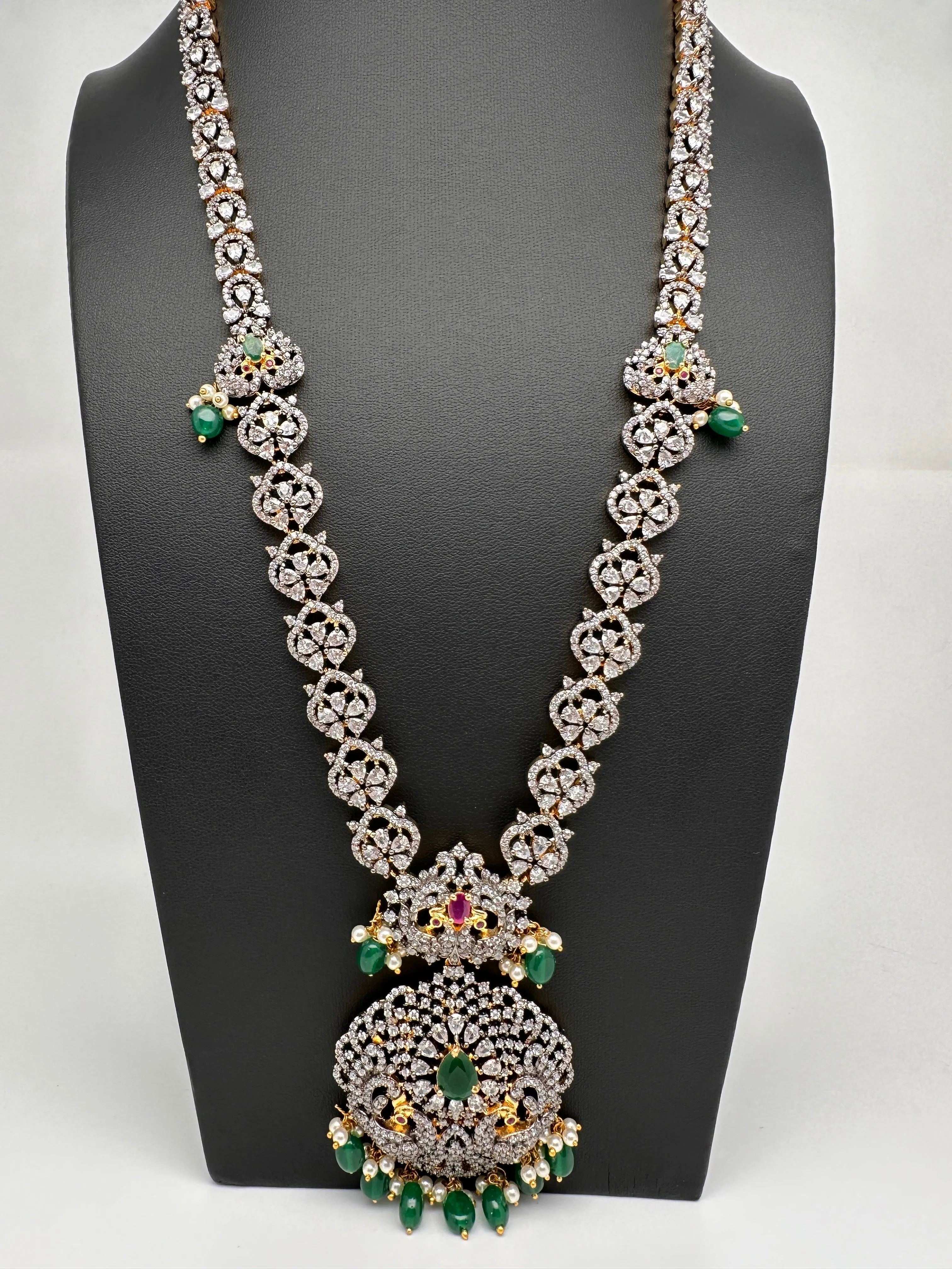 AD Multi Stone Peacock Pattern Victorian Dual Tone Polish Long Necklace
