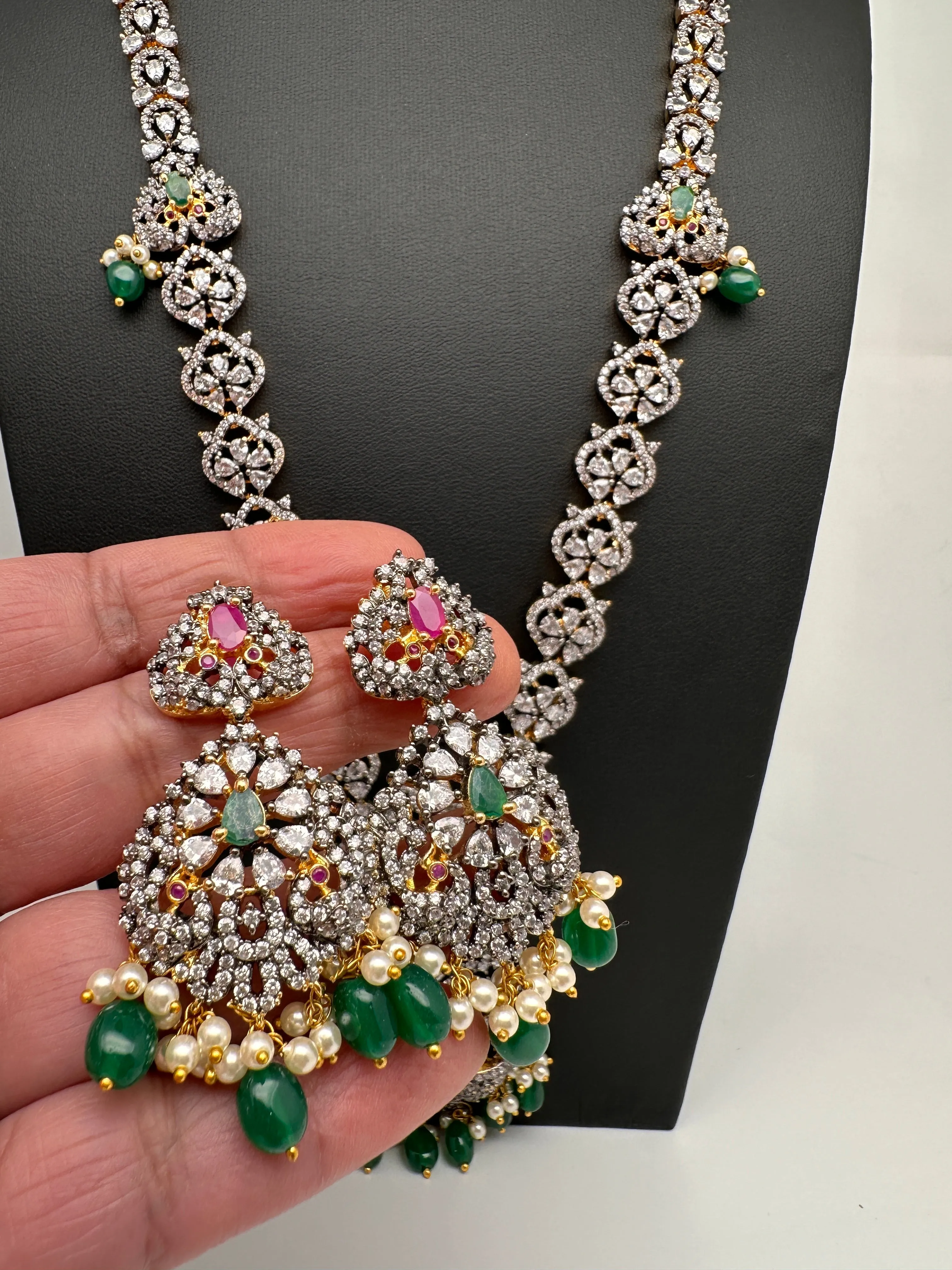 AD Multi Stone Peacock Pattern Victorian Dual Tone Polish Long Necklace