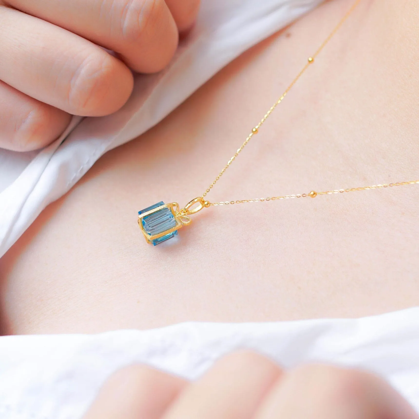 Blue Gift Box Necklace (Solid Silver)