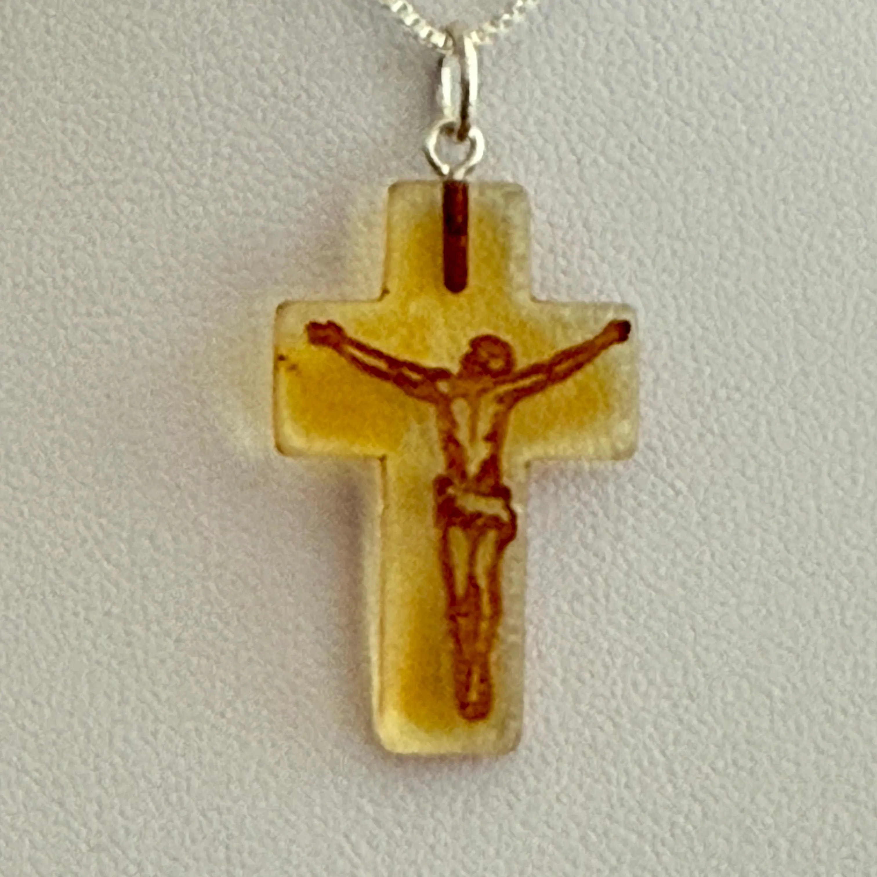 Cognac Amber Carved Cameo Cross Crucifix Pendant Sterling Silver Necklace