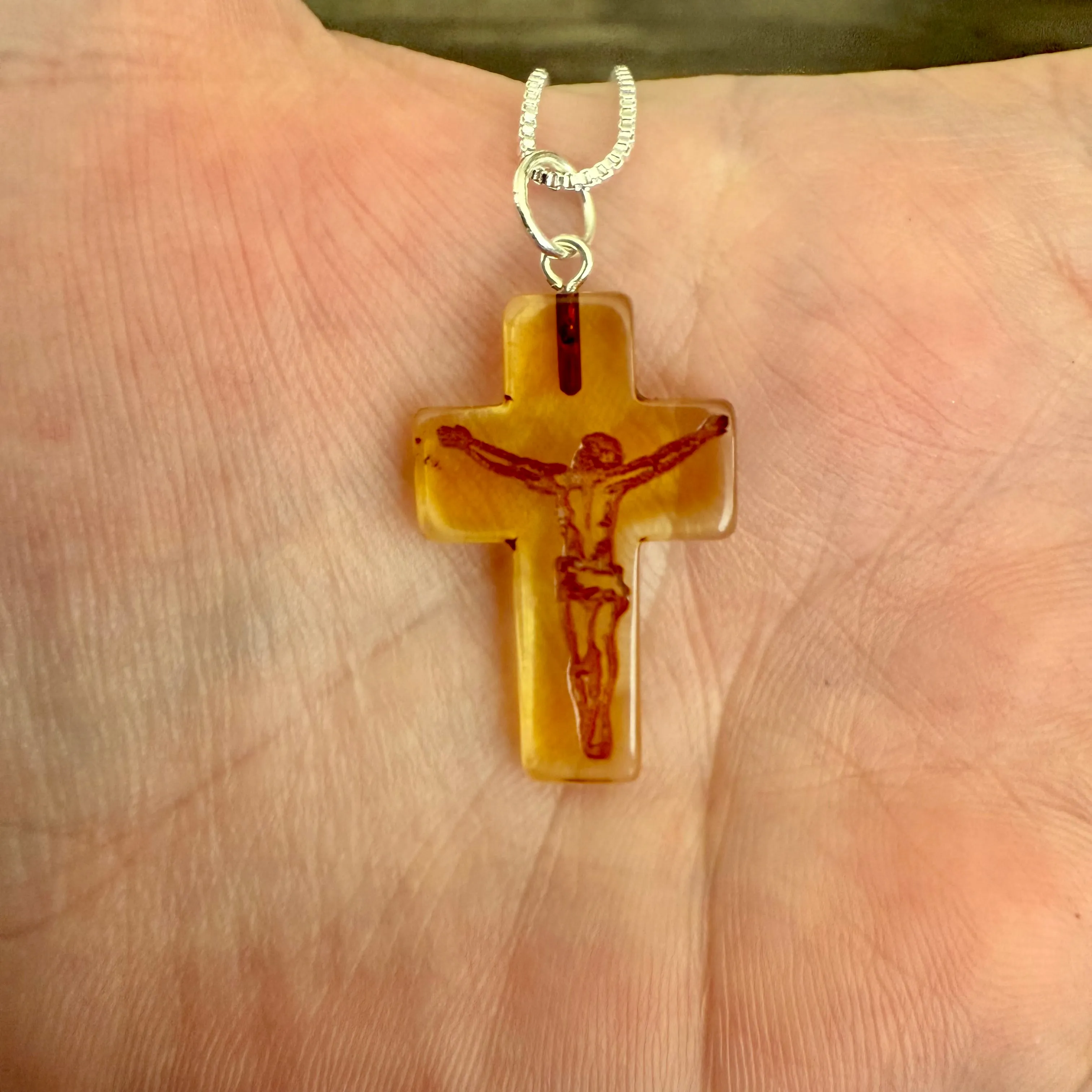 Cognac Amber Carved Cameo Cross Crucifix Pendant Sterling Silver Necklace