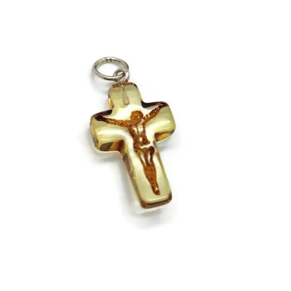 Cognac Amber Carved Cameo Cross Crucifix Pendant Sterling Silver Necklace