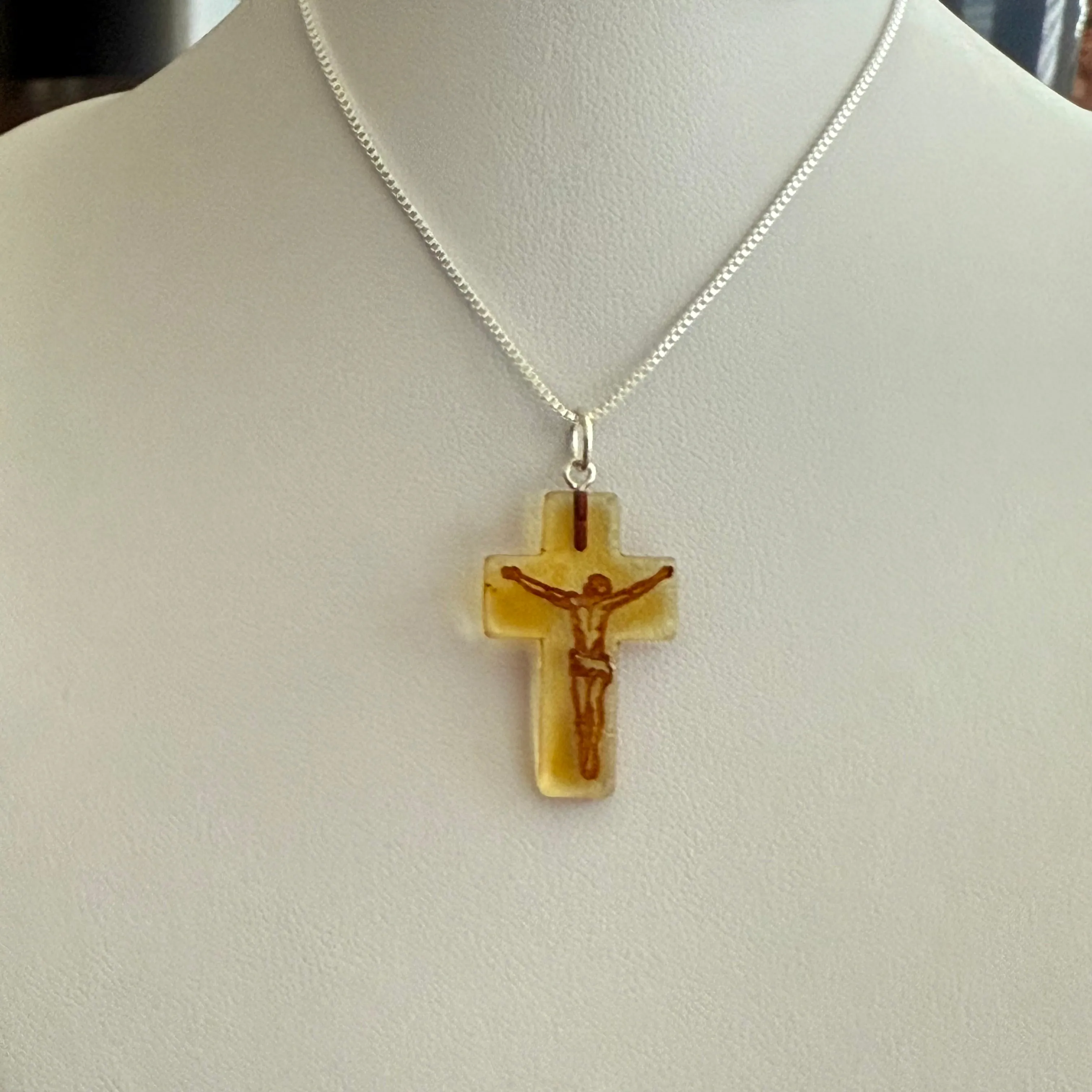 Cognac Amber Carved Cameo Cross Crucifix Pendant Sterling Silver Necklace