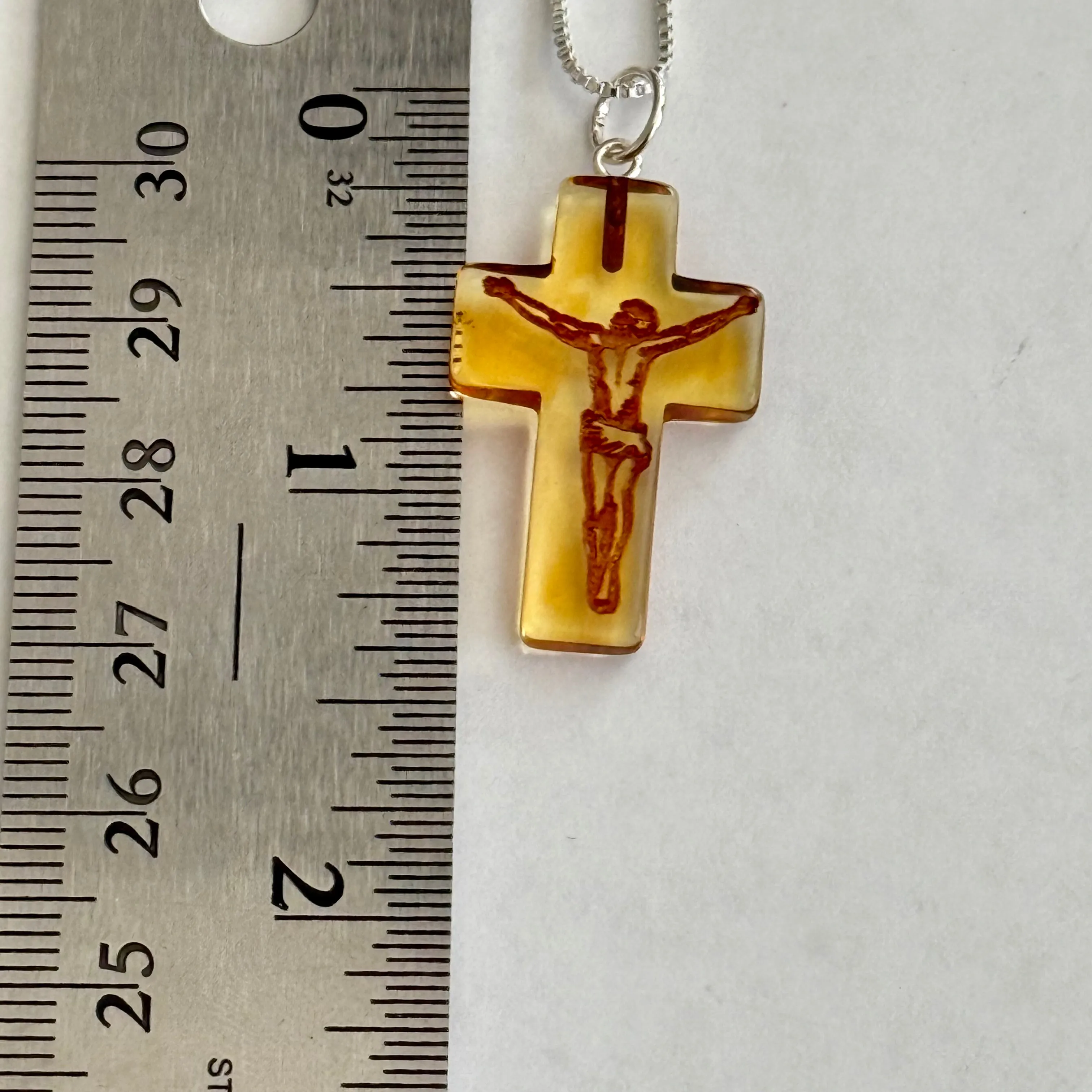 Cognac Amber Carved Cameo Cross Crucifix Pendant Sterling Silver Necklace