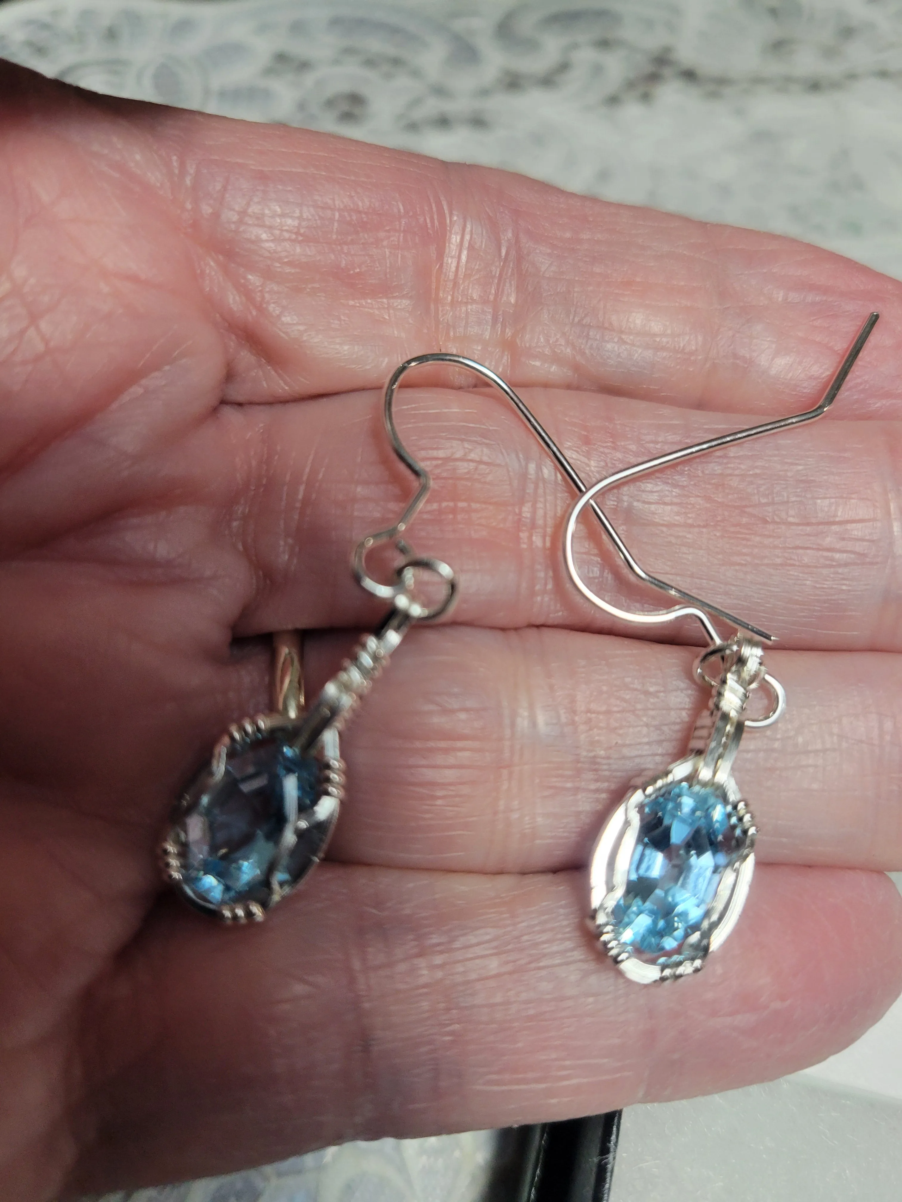 Custom Wire Wrapped Faceted Swiss Blue Topaz Set: Necklace/Pendant Earrings Sterling Silver