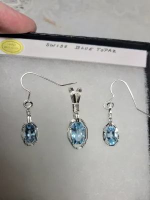 Custom Wire Wrapped Faceted Swiss Blue Topaz Set: Necklace/Pendant Earrings Sterling Silver