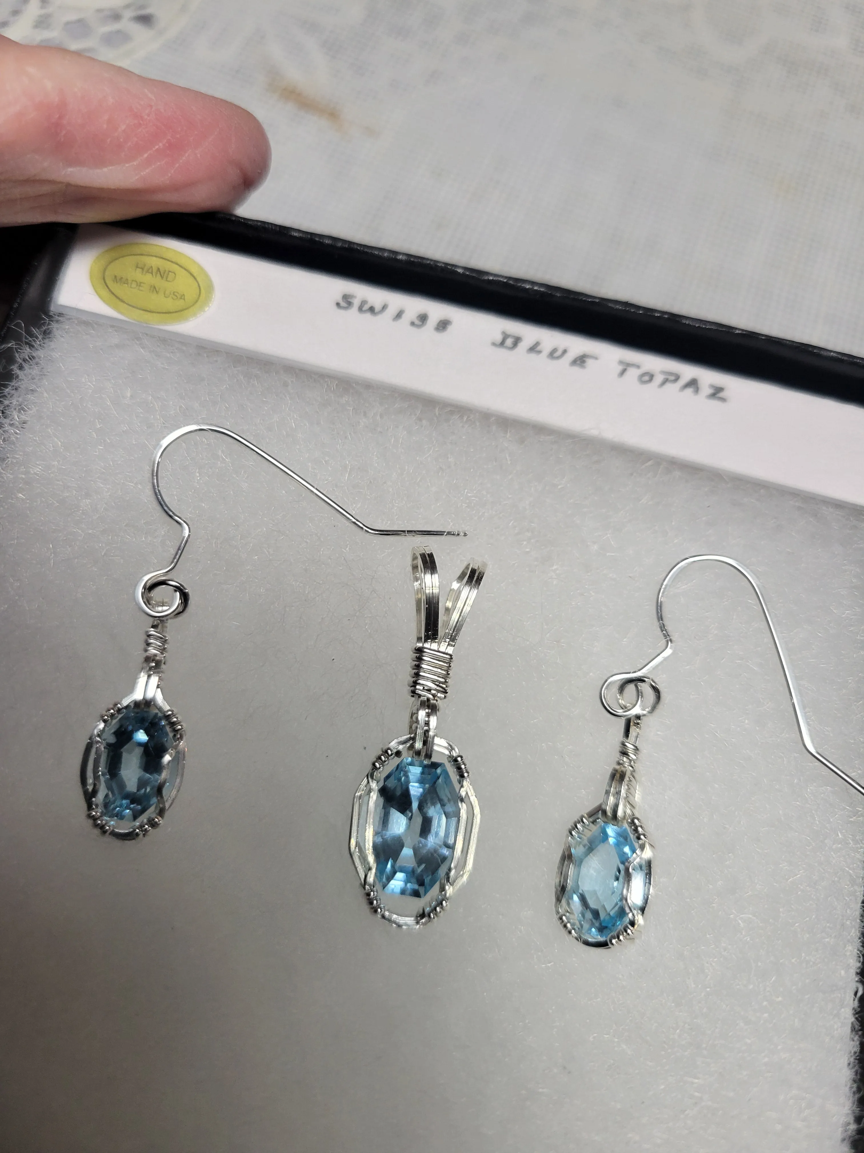 Custom Wire Wrapped Faceted Swiss Blue Topaz Set: Necklace/Pendant Earrings Sterling Silver
