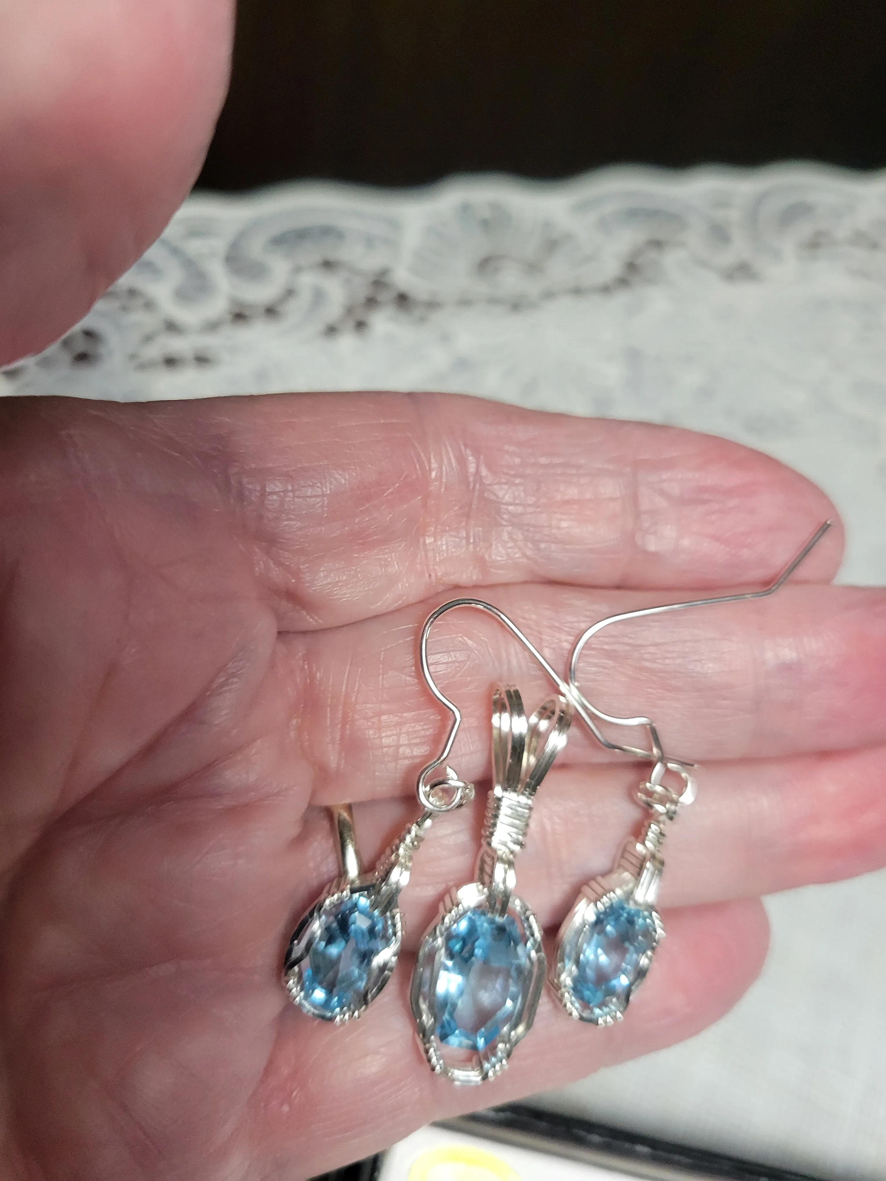 Custom Wire Wrapped Faceted Swiss Blue Topaz Set: Necklace/Pendant Earrings Sterling Silver