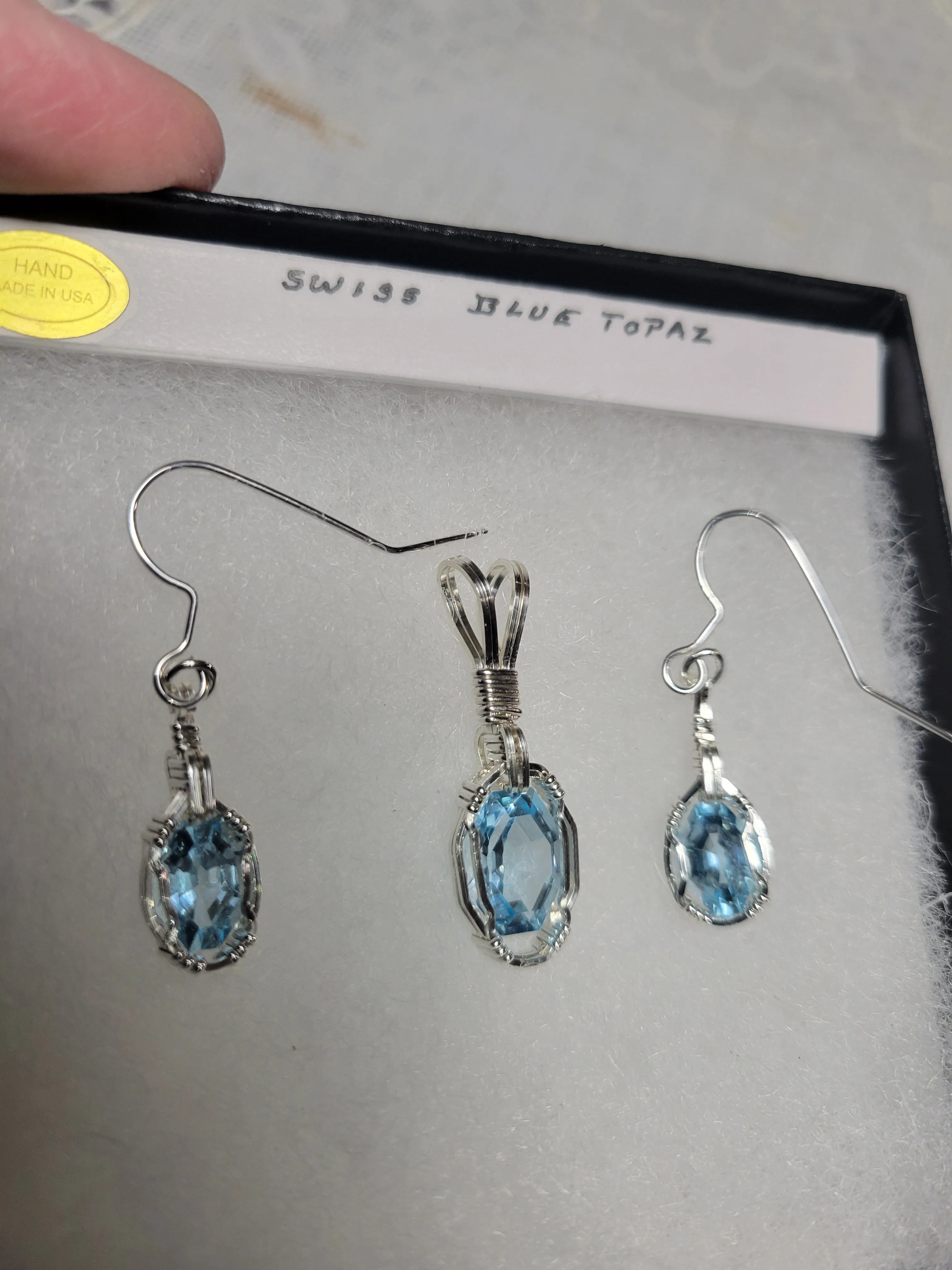 Custom Wire Wrapped Faceted Swiss Blue Topaz Set: Necklace/Pendant Earrings Sterling Silver