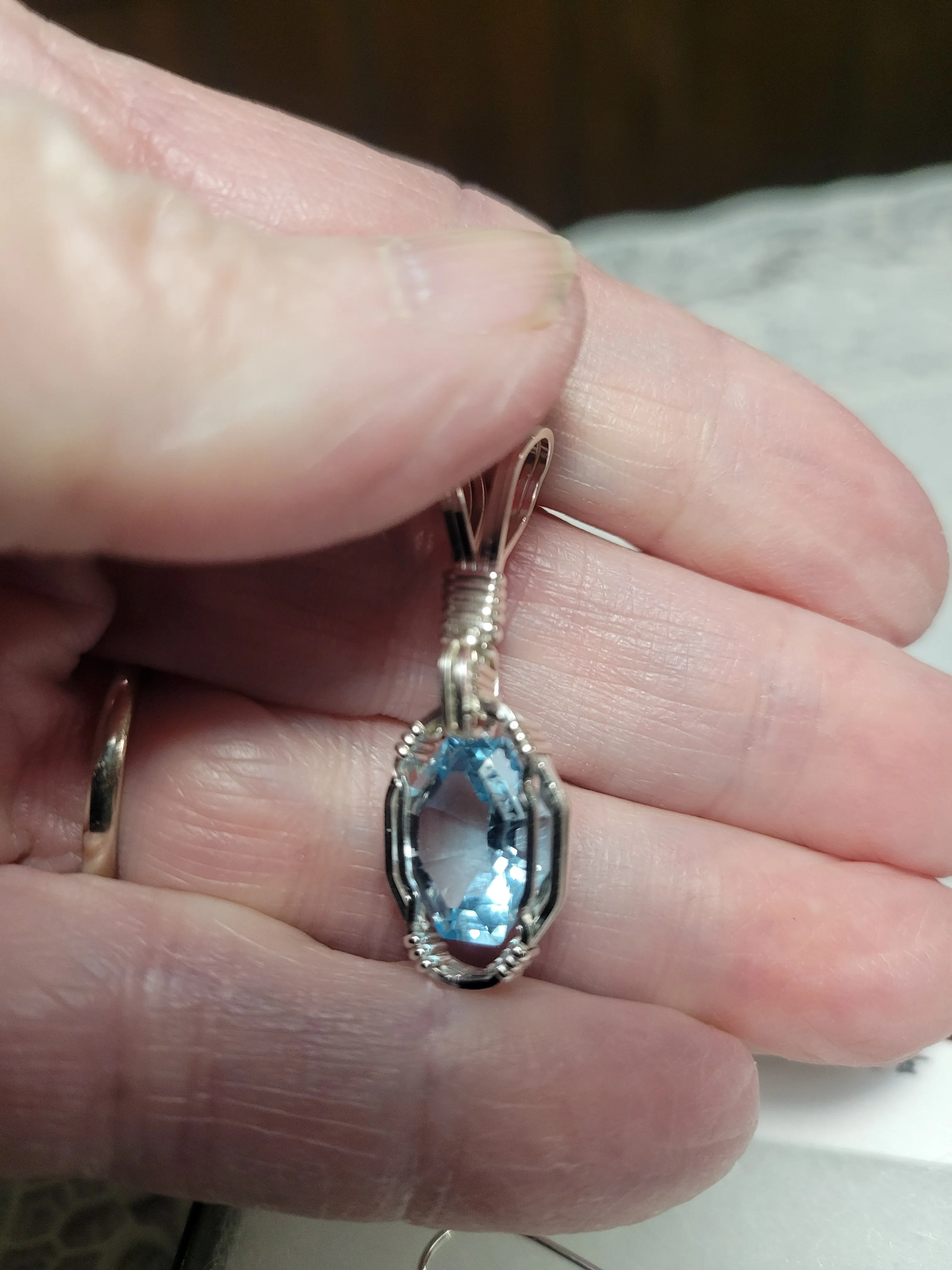 Custom Wire Wrapped Faceted Swiss Blue Topaz Set: Necklace/Pendant Earrings Sterling Silver