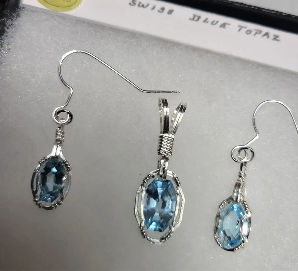 Custom Wire Wrapped Faceted Swiss Blue Topaz Set: Necklace/Pendant Earrings Sterling Silver