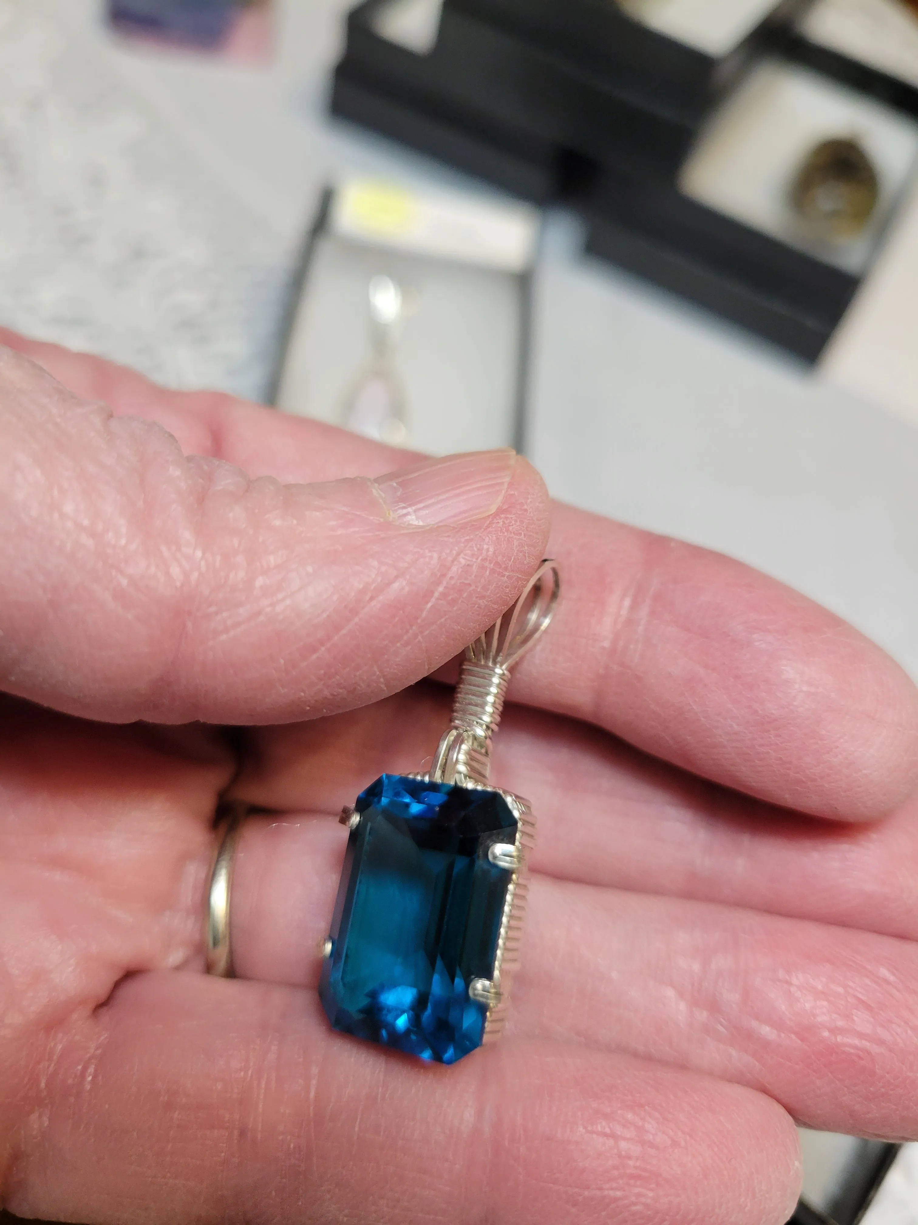 Custom Wire Wrapped London Blue Topaz Faceted Necklace/Pendant Sterling Silver
