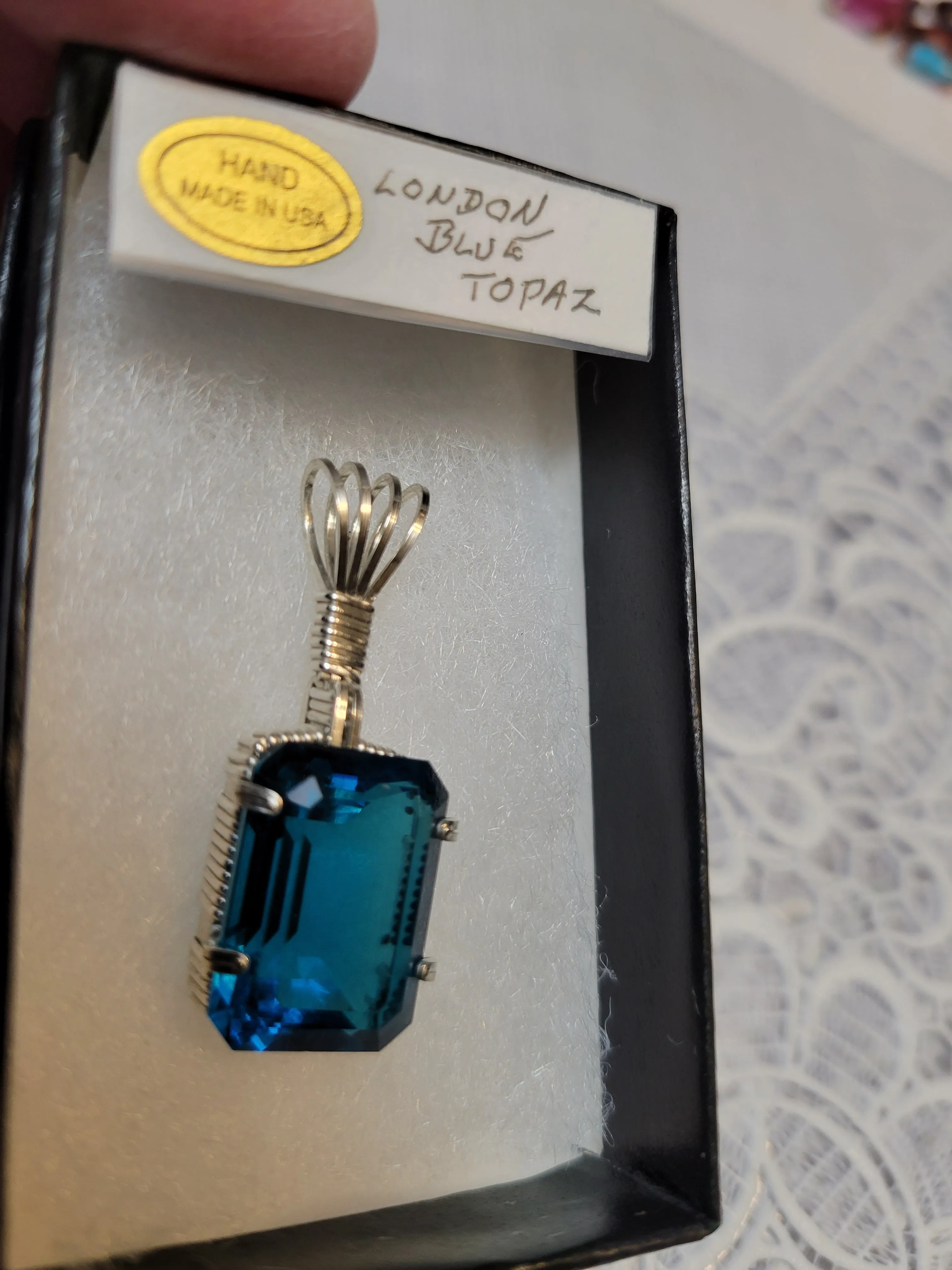 Custom Wire Wrapped London Blue Topaz Faceted Necklace/Pendant Sterling Silver