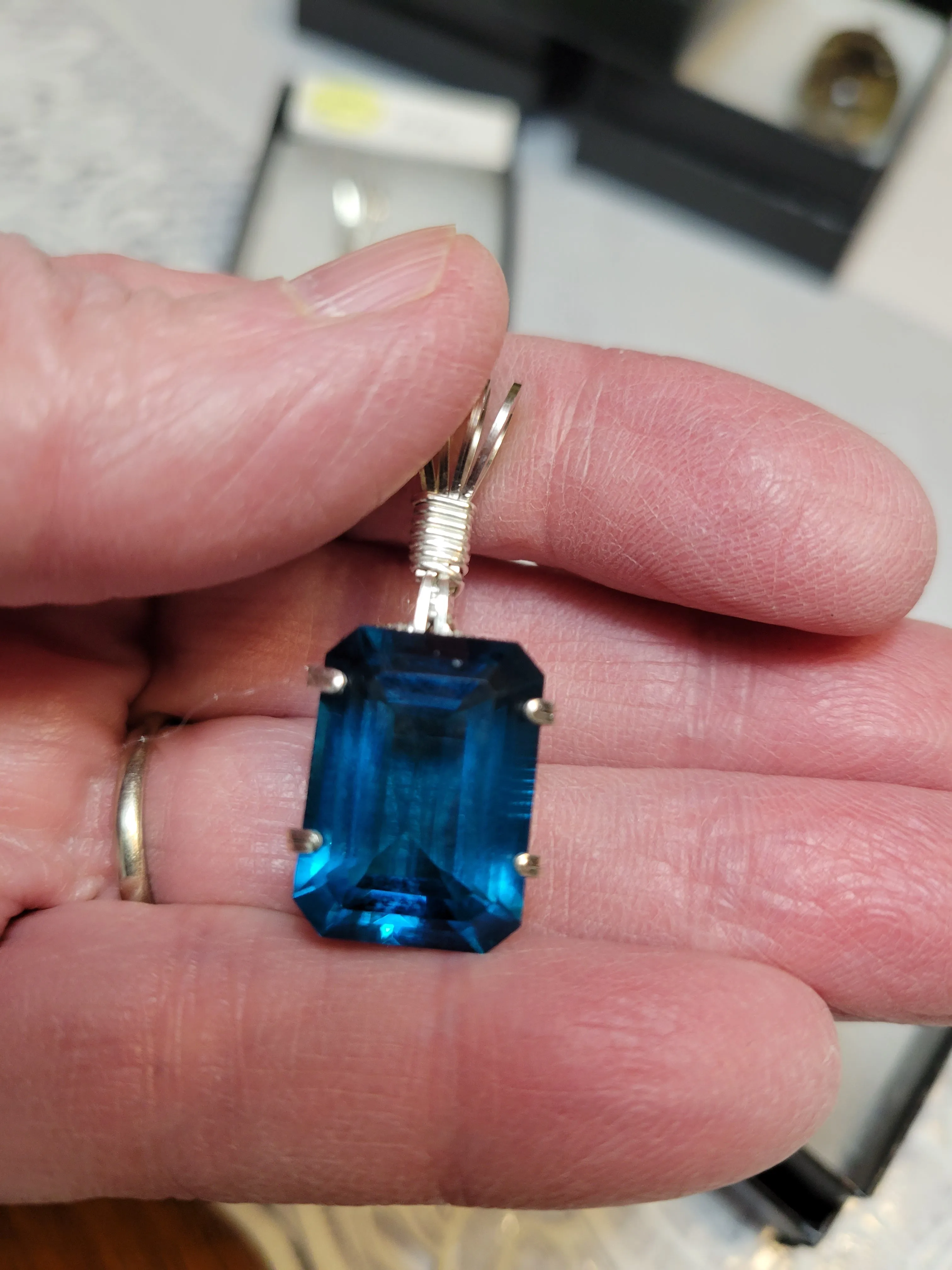 Custom Wire Wrapped London Blue Topaz Faceted Necklace/Pendant Sterling Silver