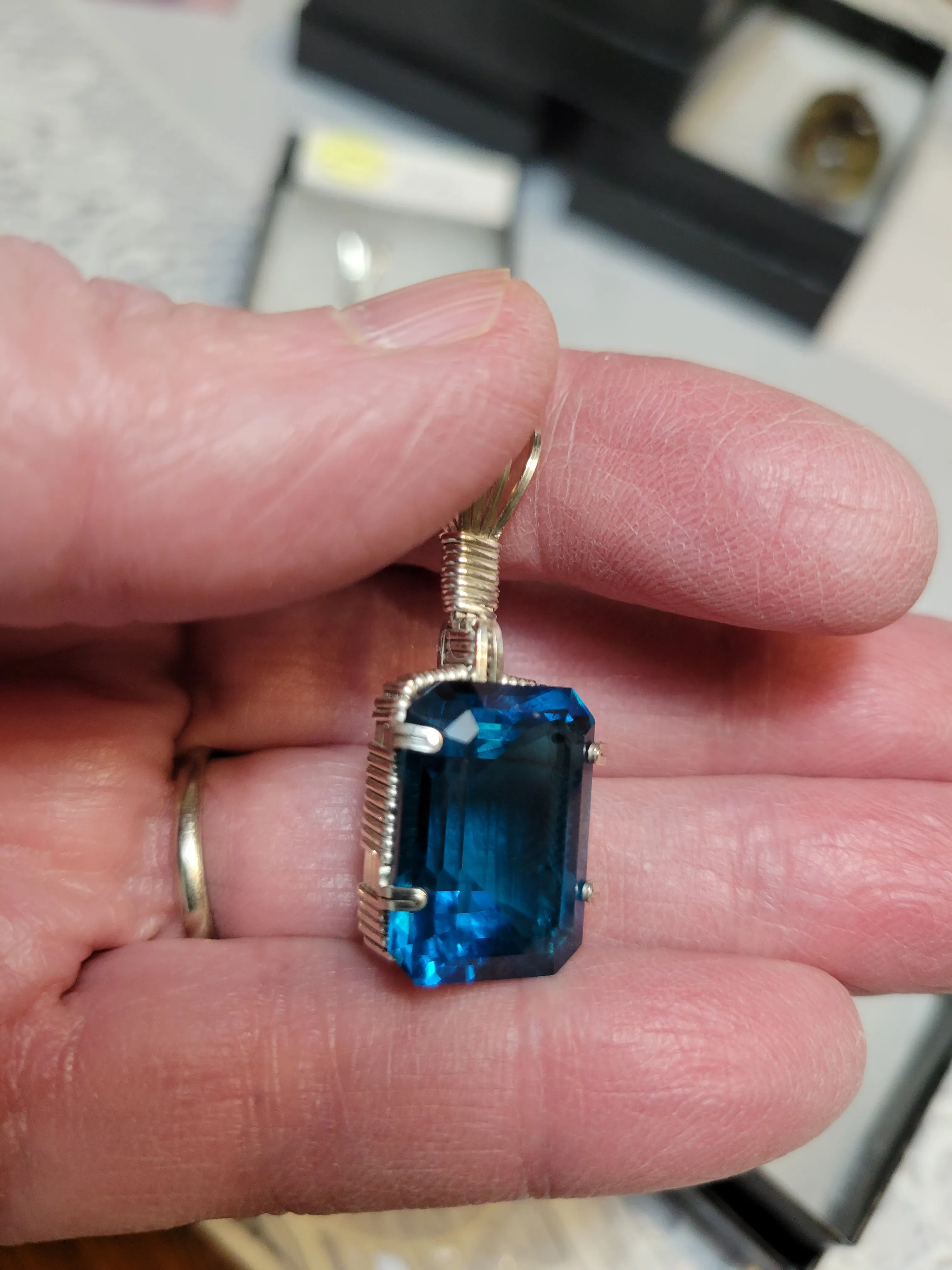 Custom Wire Wrapped London Blue Topaz Faceted Necklace/Pendant Sterling Silver