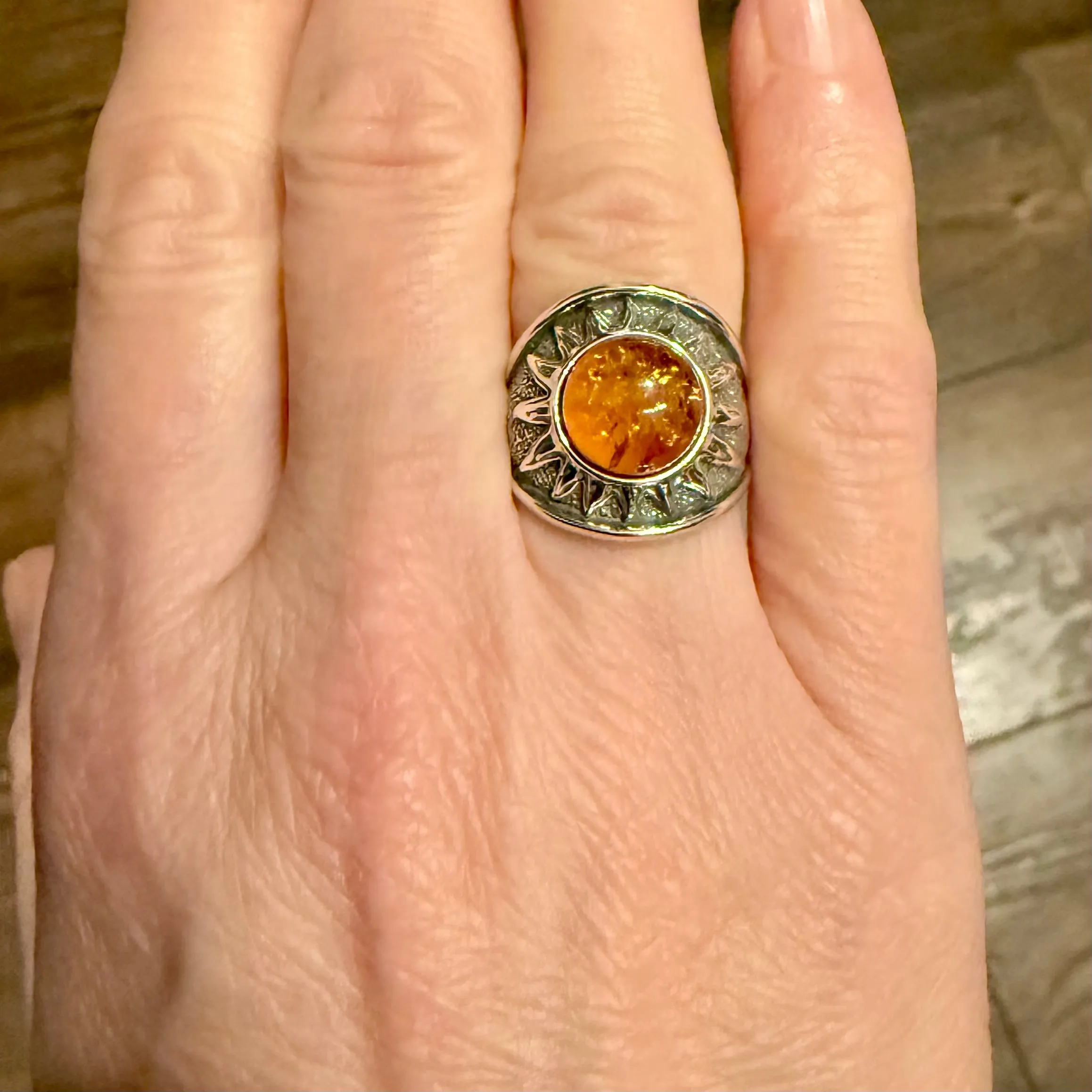 Genuine Baltic Honey Amber Sun Sterling Silver Boho Ring Size 5.5 New