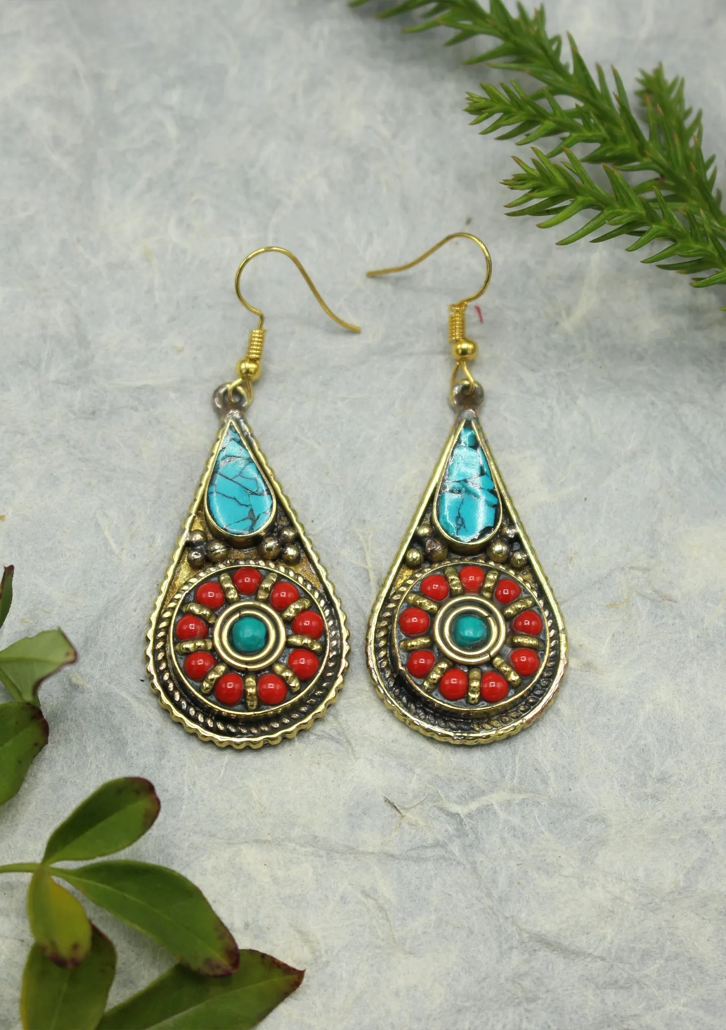Handmade Water drop Turquoise and Coral Inlaid Mirr Earrings