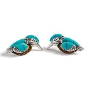KINGFISHER BIRD STUD EARRINGS IN SILVER, RECONSTITUTED TURQUOISE AND AMBER