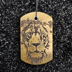 Lion Heart (Hand Engraved Lioness, Ebony Wood & Brass, Ruby Set In 14k Yellow Gold, Dog Tag)