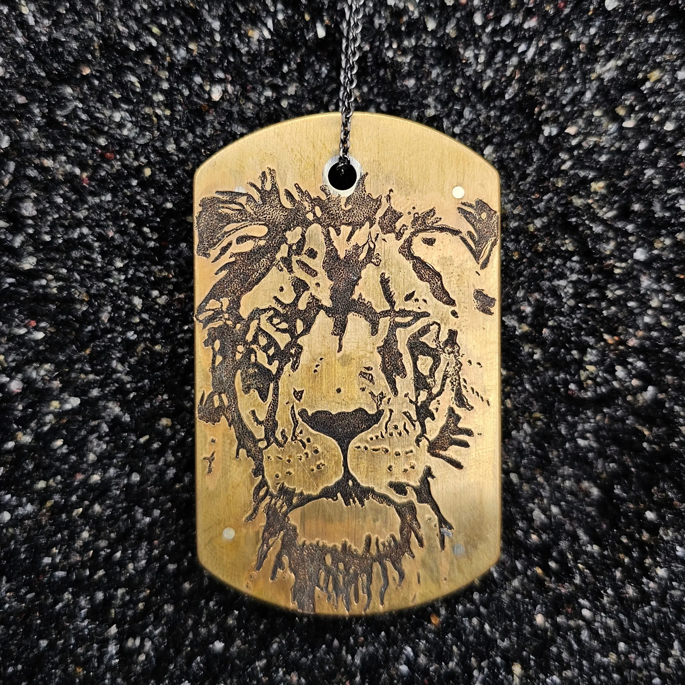 Lion Heart (Hand Engraved Lioness, Ebony Wood & Brass, Ruby Set In 14k Yellow Gold, Dog Tag)
