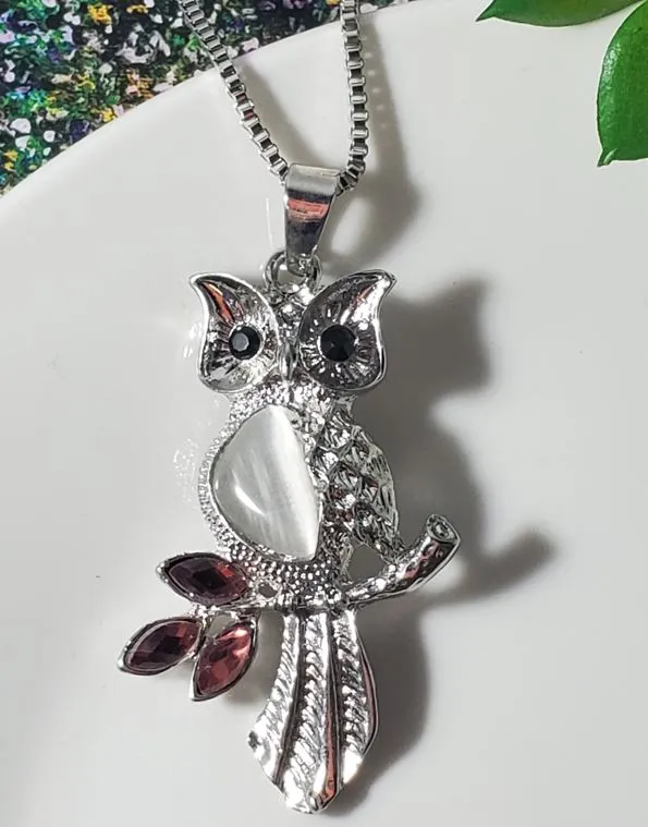 N387 Silver Moonstone Burgundy Rhinestone Owl Necklace with FREE Earrings