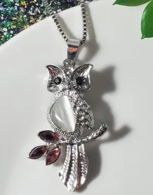 N387 Silver Moonstone Burgundy Rhinestone Owl Necklace with FREE Earrings