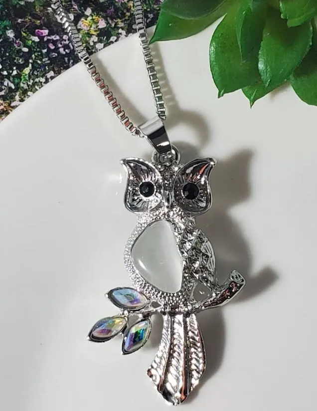 N445 Silver Moonstone Iridescent Rhinestone Owl Necklace with FREE Earrings