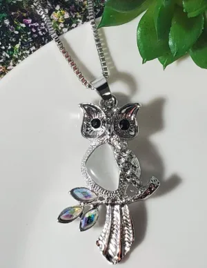 N445 Silver Moonstone Iridescent Rhinestone Owl Necklace with FREE Earrings