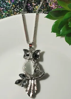 N48 Silver Moonstone Gray Rhinestone Owl Necklace with FREE Earrings