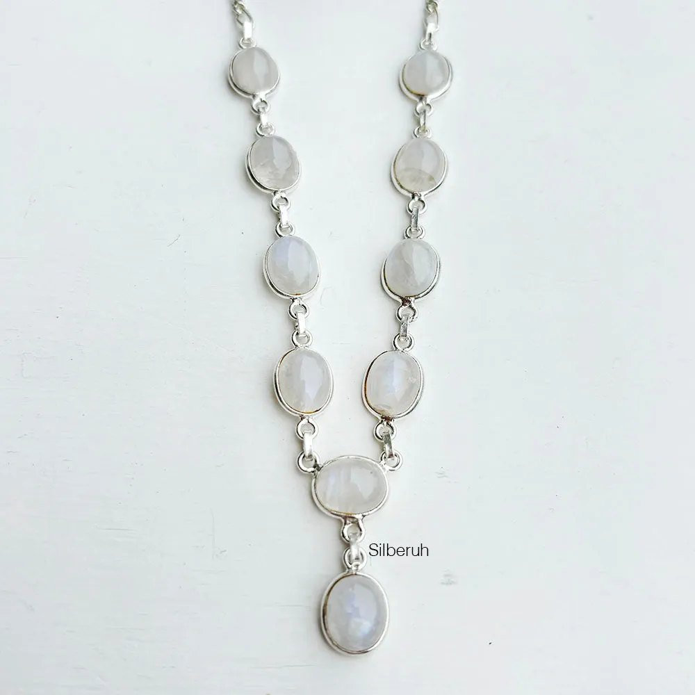 Rainbow Moonstone Oval Silver Necklace