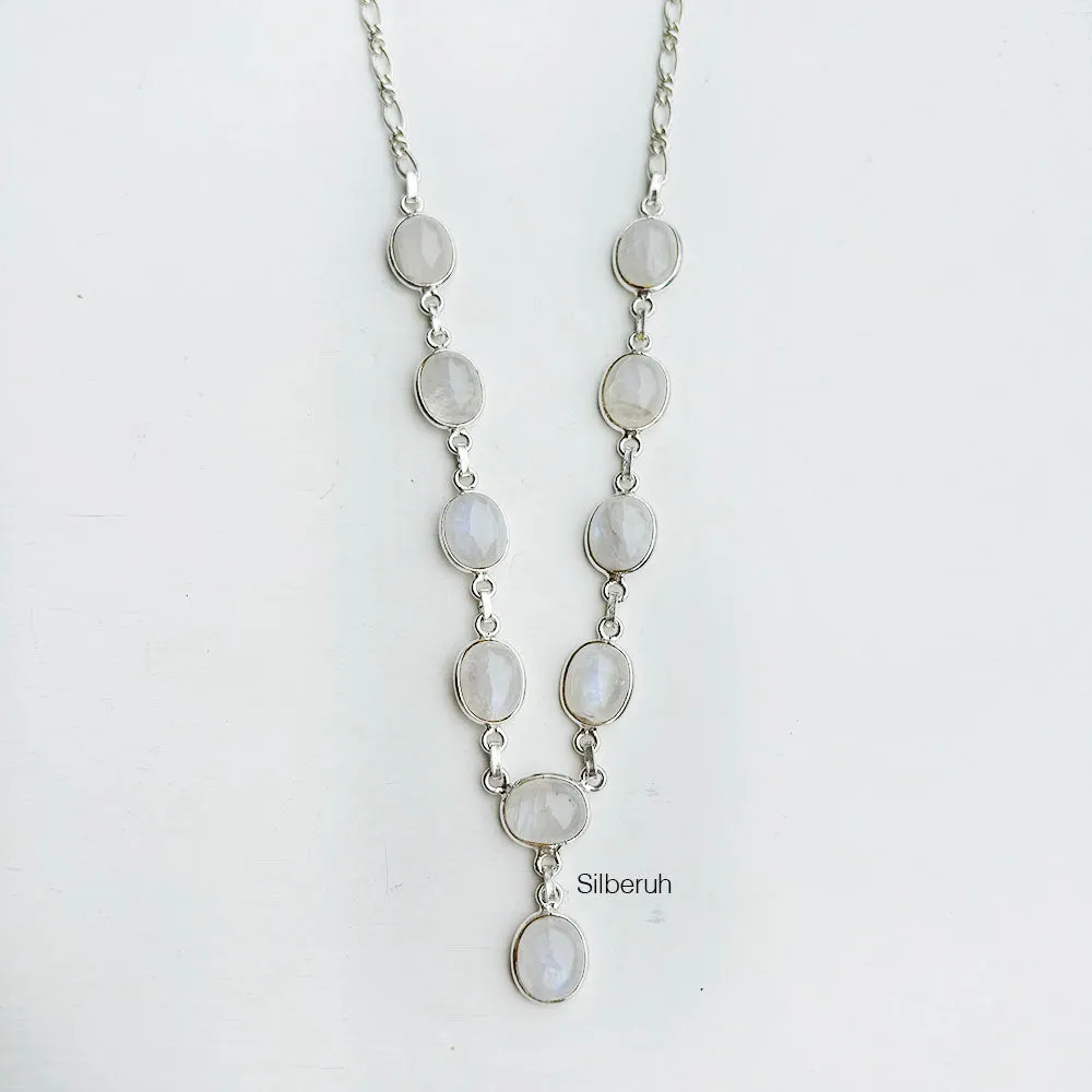 Rainbow Moonstone Oval Silver Necklace