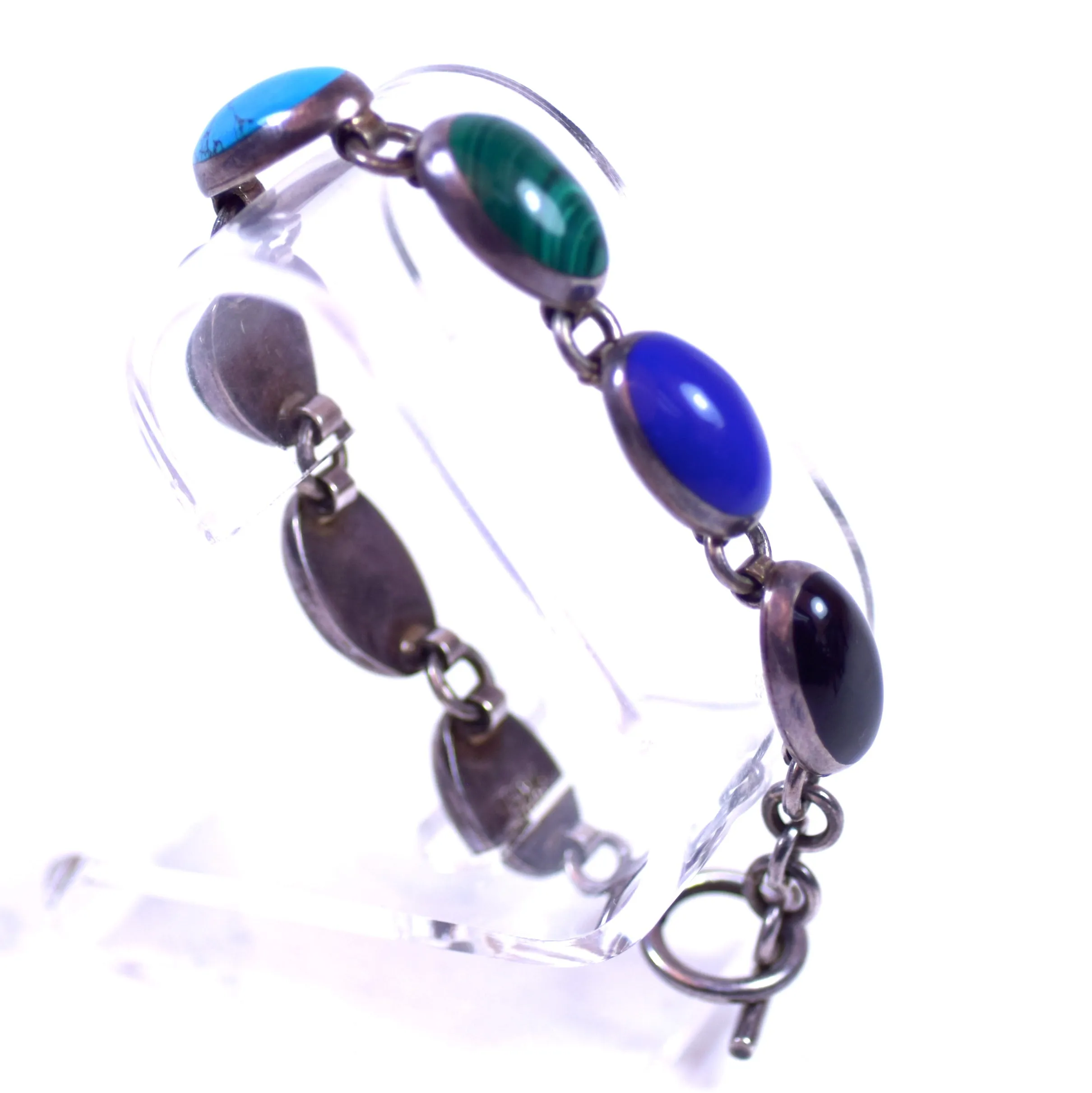 Sterling Silver and Multicolor Stone LDS Bracelet with Lapis Lazuli, Onyx, Malachite, and Turquoise