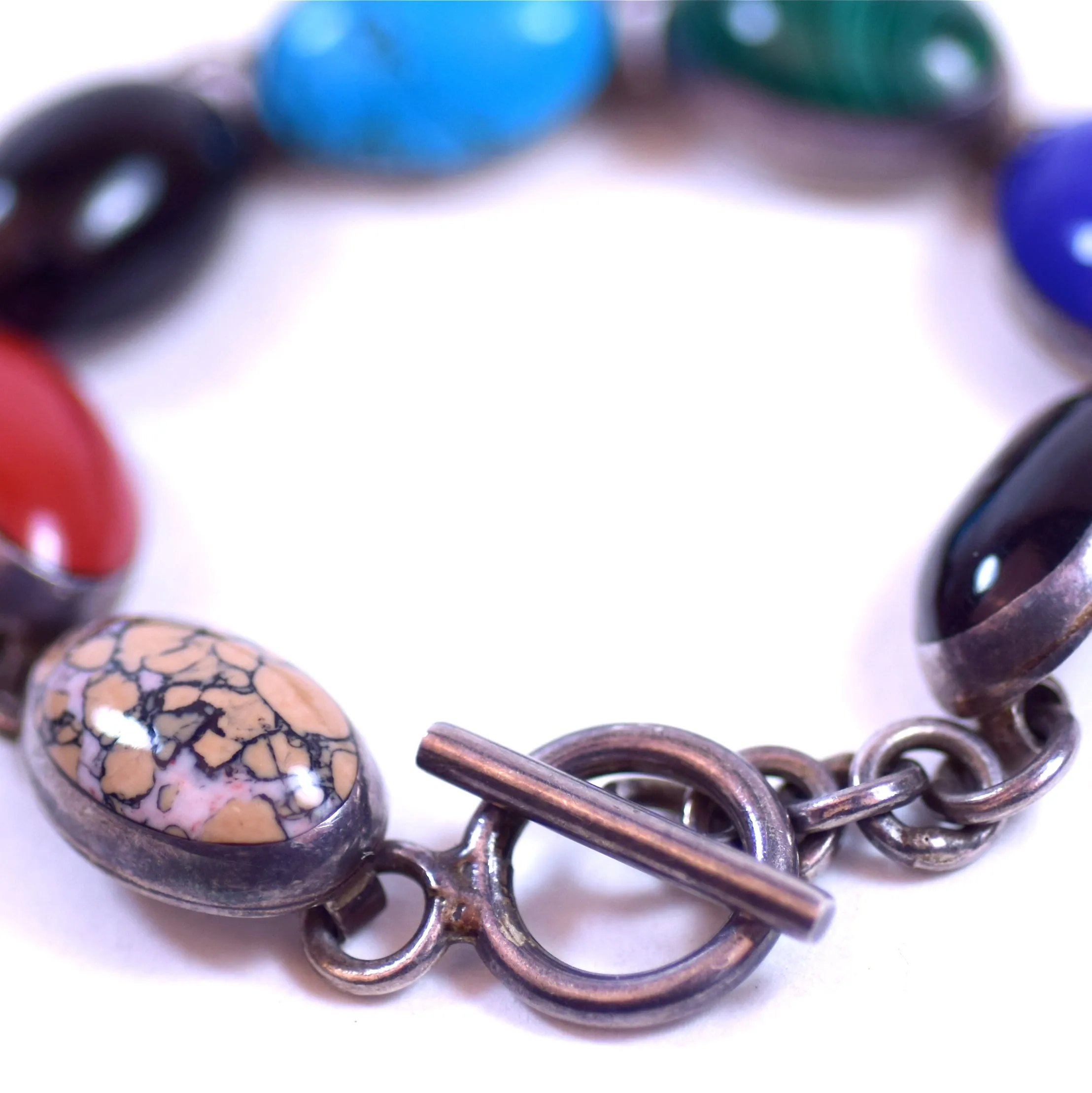 Sterling Silver and Multicolor Stone LDS Bracelet with Lapis Lazuli, Onyx, Malachite, and Turquoise