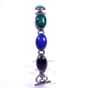 Sterling Silver and Multicolor Stone LDS Bracelet with Lapis Lazuli, Onyx, Malachite, and Turquoise