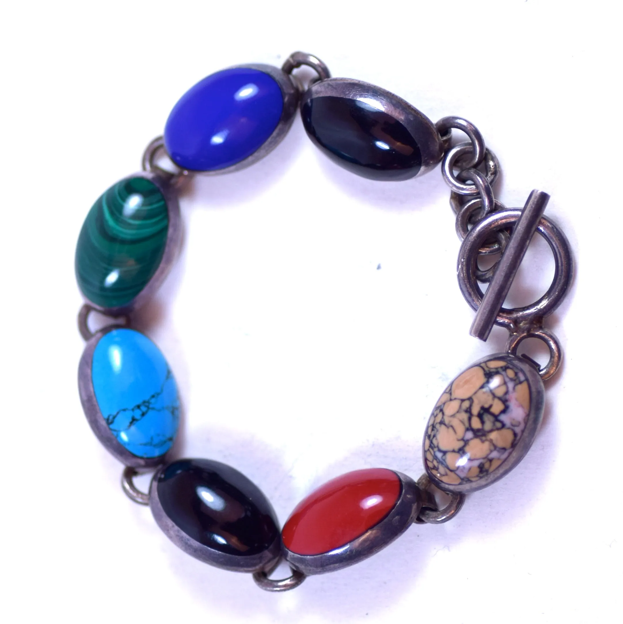 Sterling Silver and Multicolor Stone LDS Bracelet with Lapis Lazuli, Onyx, Malachite, and Turquoise