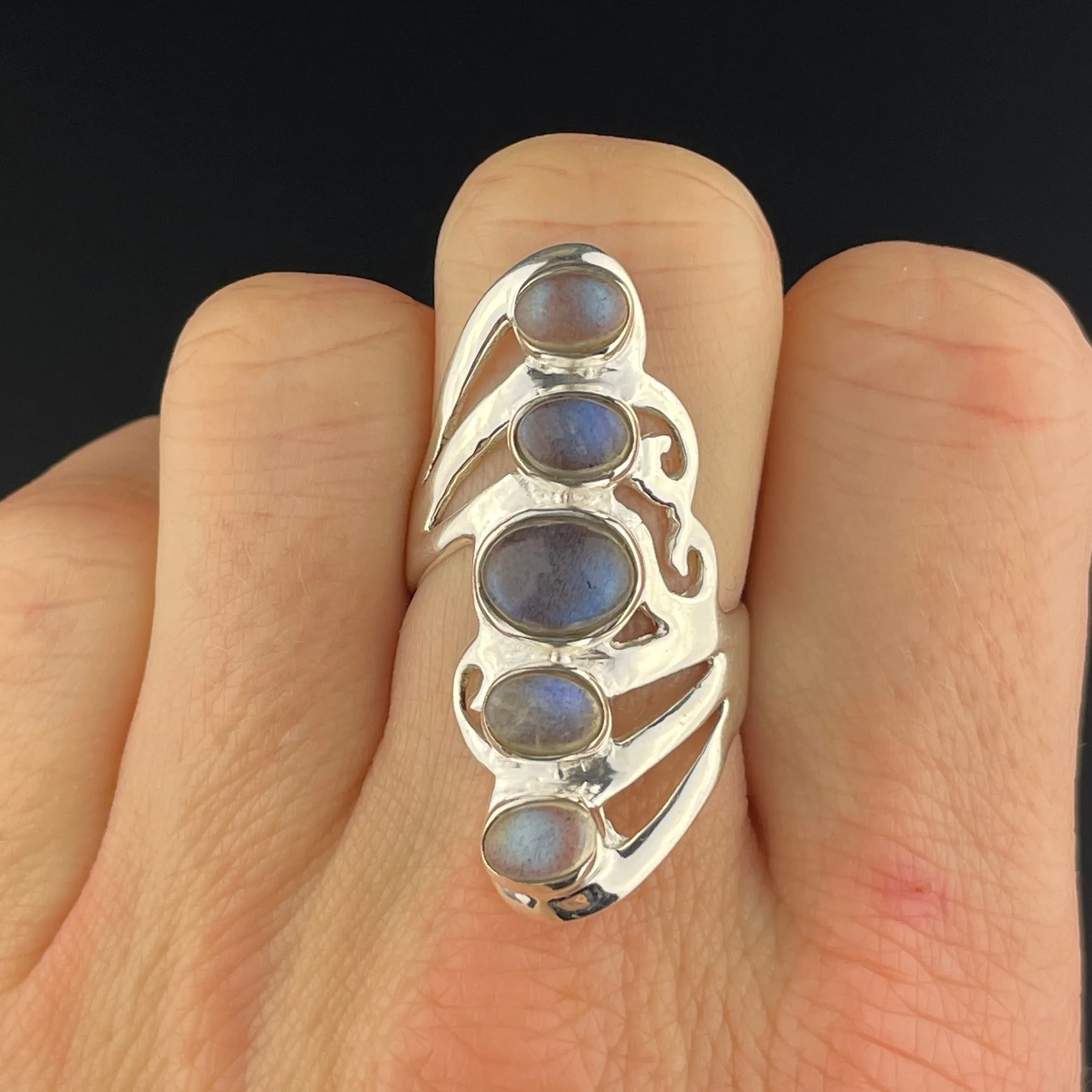 Vintage Blue Moonstone Silver Five Stone Statement Ring, Sz 7